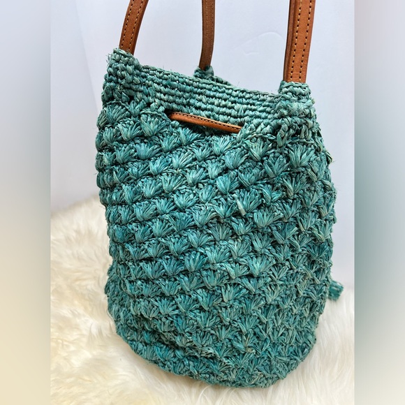 Mar Y Sol Teal Raffia /Straw Bucket Bag - Picture 4 of 12